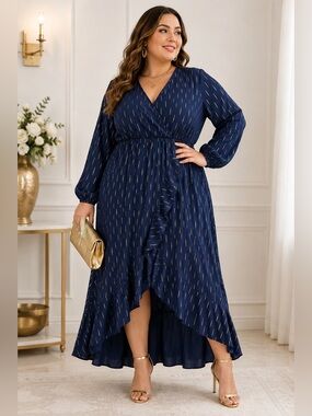 4X Navy Blue Gold Metallic Ruffle High Low Maxi Dress Plus Size